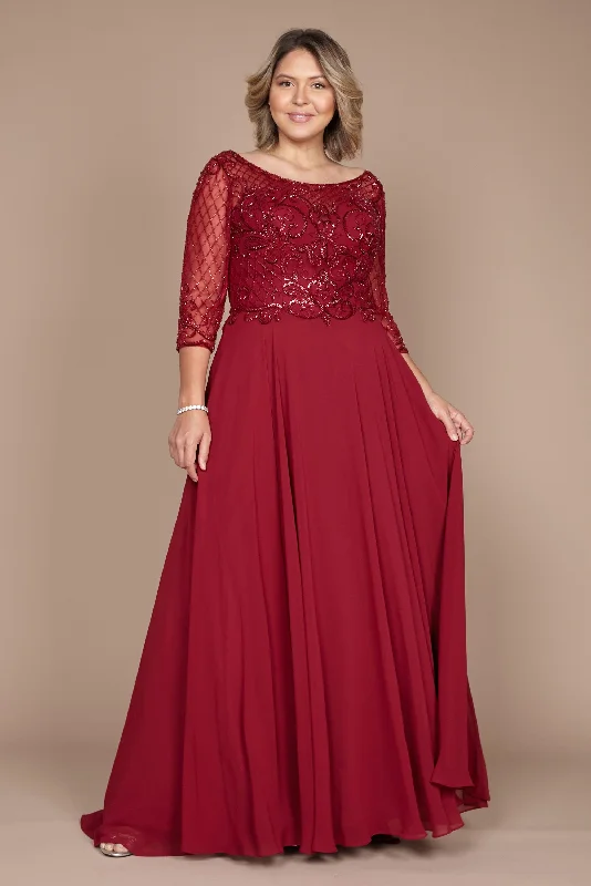 Trend Forward Threads Long Sleeve Hand Beaded Mother of The Bride Dress Burgundy Cottagecore Rustic Charm Style