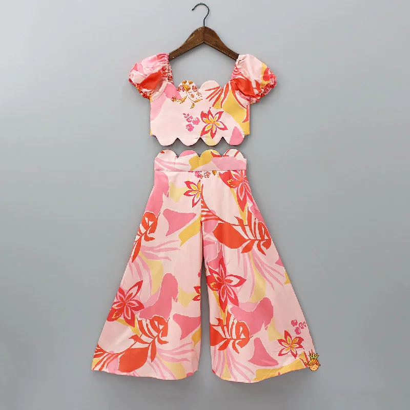 Casual Chic Floral Printed Peach Top And Flared Palazzo Elevated Style