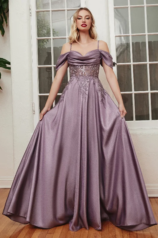 Durable Fashion Picks Off Shoulder Satin A-line Slit Gown by Ladivine OC012 Limited - Stock