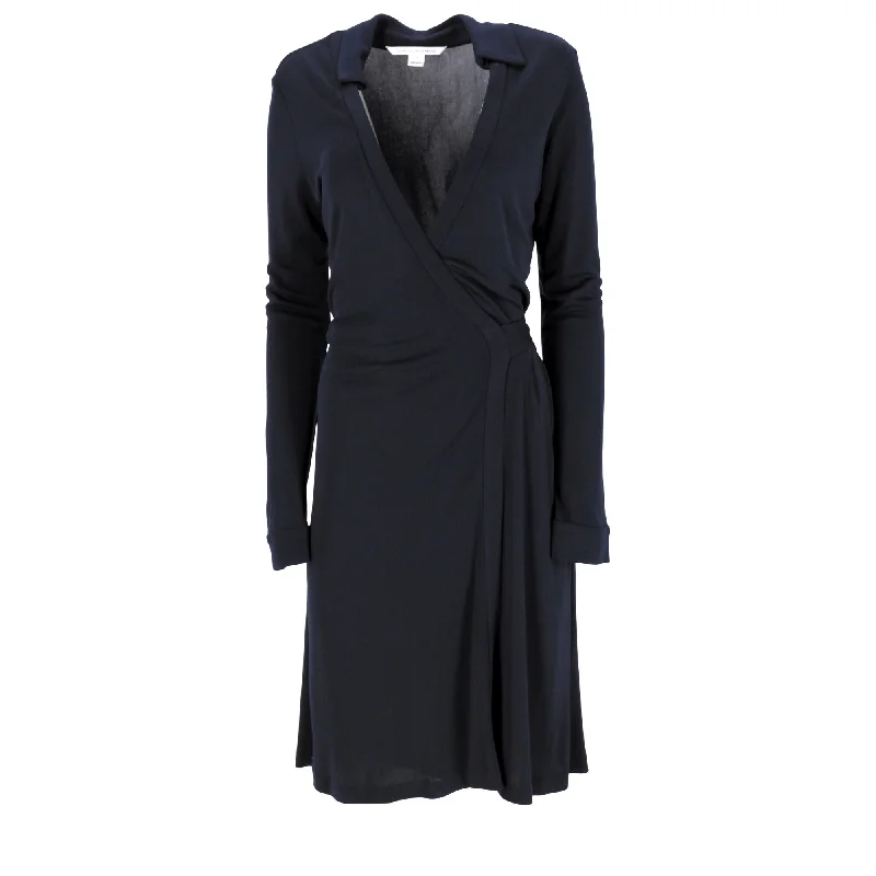 Refined Fashion Sale Diane Von Furstenberg Midi Wrap Long Sleeve Dress in Navy Blue Viscose Dreamy Aesthetic