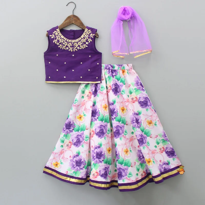 Bold Style Discounts Purple Gota Lace Embroidered Top With Floral Printed Lehenga And Dupatta Disco - Inspired Retro Dance Look