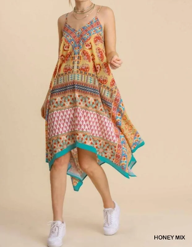 Save Big Mixed Scarf Print Spaghetti Strap Midi Dress With Shark Bite Hem In Honey Mix Boho - Chic Festival - Ready Style