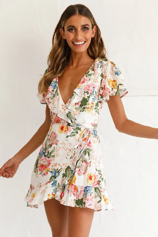 Bid Farewell To The Old Season Love Story Angel Sleeve Wrap Dress Floral Print White Statement Piece