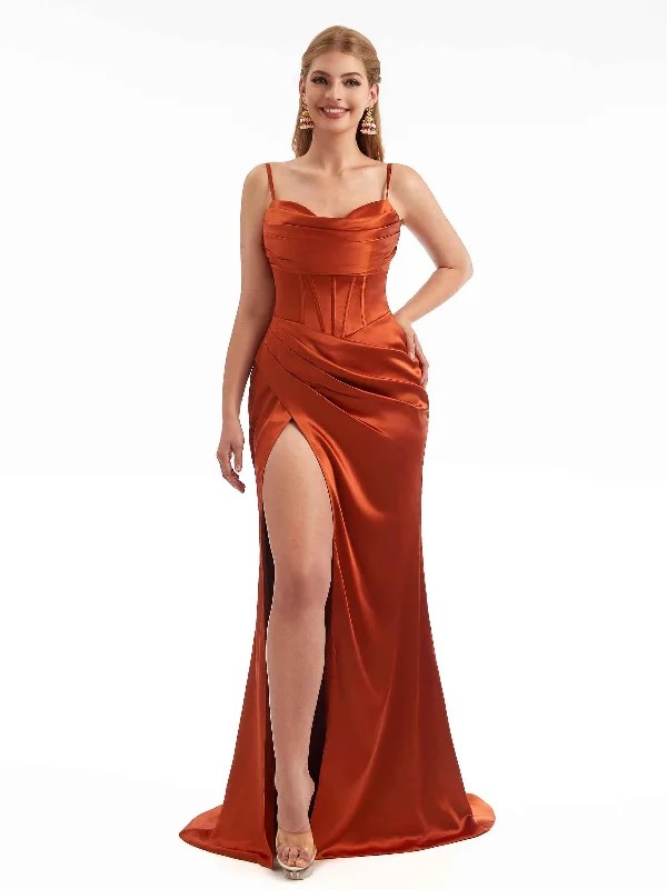 Best-Sellers Sexy Side Split Spaghetti Straps Mermaid Silky Satin Pretty Wedding Guest Dresses Casual Elegance
