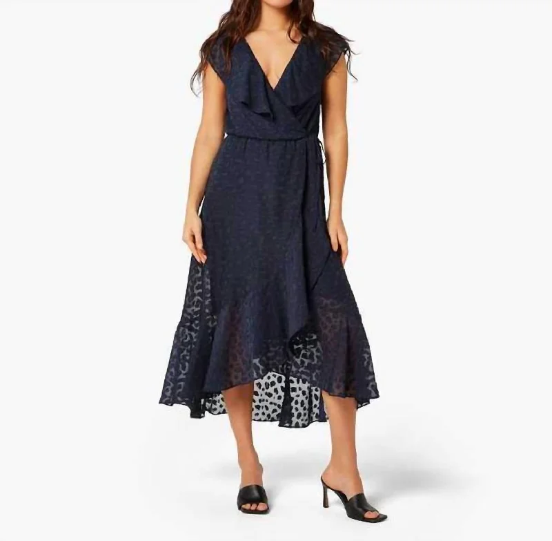 Refined Fashion Sale Animal Print Ruffle Midi Dress In Navy Alluring Design