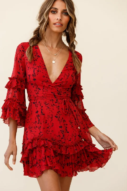 Fashion Deal Erica Bell Sleeve Accordion Pleat Dress Floral Print Red Today Only