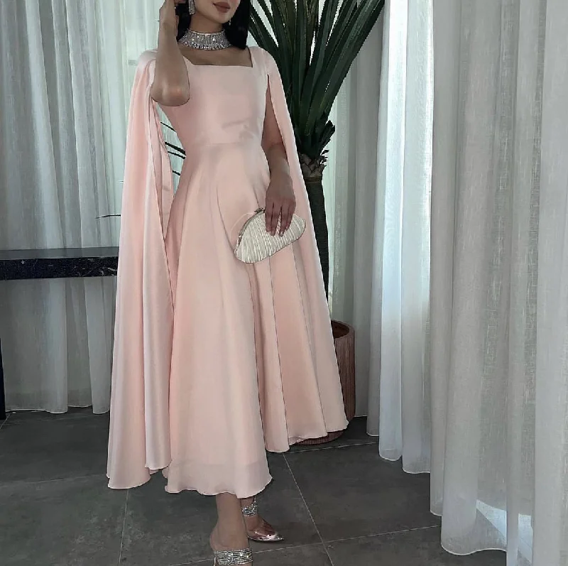 Bold Style Discounts Elegant Long Pink Prom Dresses A Line Square Collar Chiffon Cape Ankle Length Short Party Gown for Women Y4612 Classic Appeal
