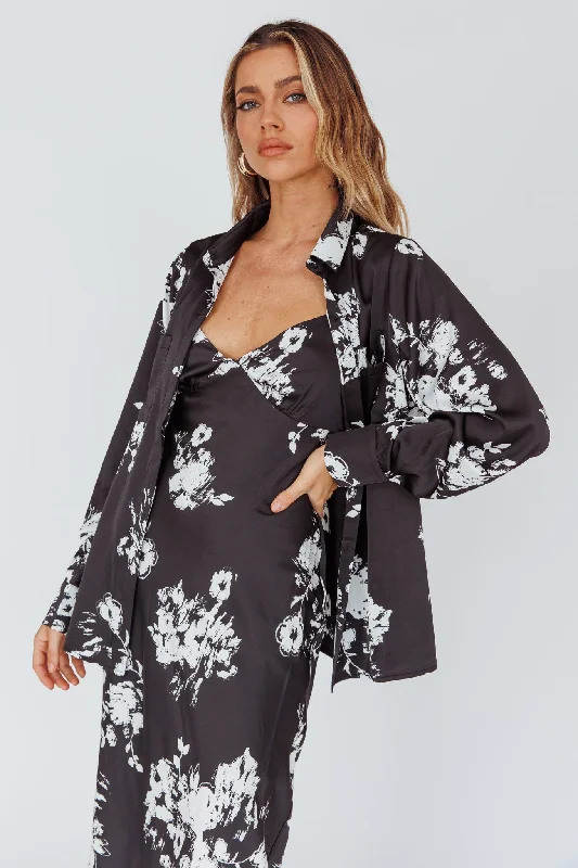 New Season Fashion Preview Sale Dillon Long Sleeve Satin Shirt Floral Black Romantic Detailing