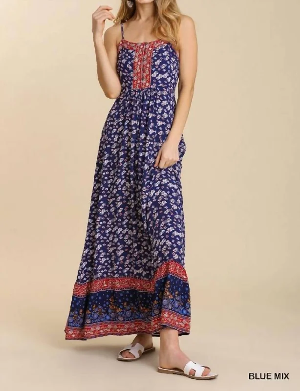 Fashion Forward Mixed Border Print Half Button Front Sleeveless Ruffle Hem Maxi Dress In Blue Mix Elevated Style