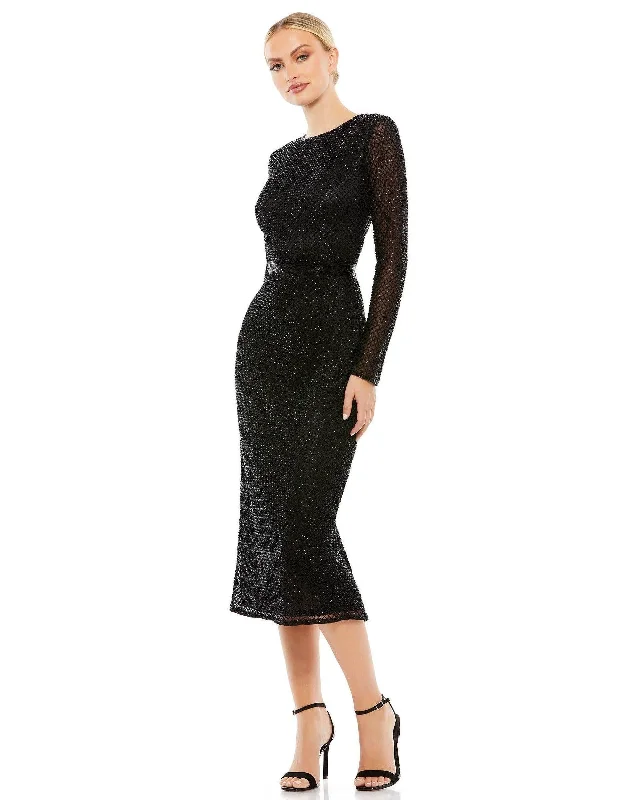 Vintage-Modern Style Offers Mac Duggal 5530 Long Sleeve Beaded Cocktail Dress Feminine Flow
