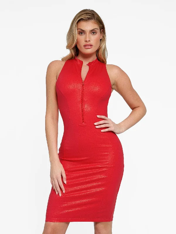 Affordable Women's Attire Seasonal Style Discounts Shapewear Sculpting Faux Leather Zip Front Midi Dress Affordable Women's Attire Seasonal Style Discounts Shapewear Sculpting Faux Leather Zip Front Midi Dress