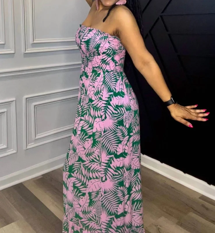 Daring Fashion Promotions Spring Fling Maxi Dress In Pink/green Print Elegant Details
