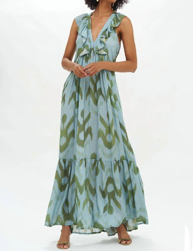 Trend Leading Collection Ruffle V-Neck Maxi Dress In Chitka Blue Green Flash Sale