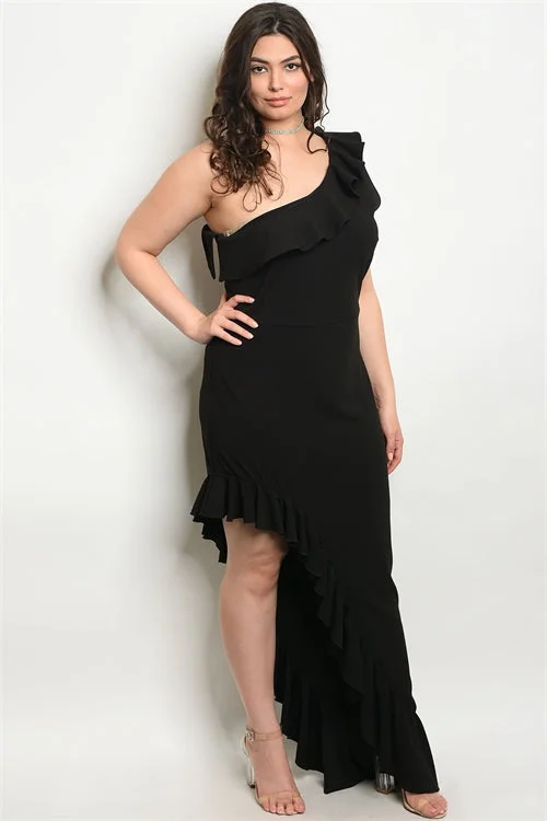 Women's Transitional Clothes Buy More, Save More Black One Shoulder Ruffled Plus Size Gown Women's Transitional Clothes Buy More, Save More Black One Shoulder Ruffled Plus Size Gown
