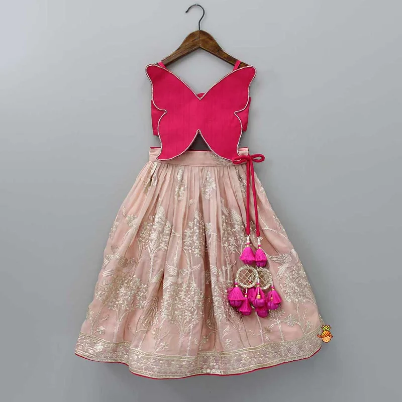 Casual Chic Deals Pink Butterfly Top And Floral Embroidered Lehenga Coastal Beach - Inspired Style