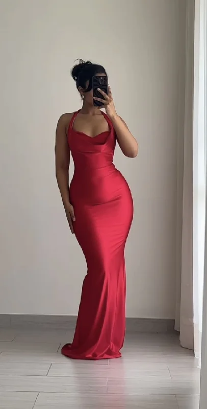 Fashion-Forward Sexy Red Halter Mermaid Satin Long Party Dress Evening Gown, MD7924 Disco - Inspired Retro Dance Look