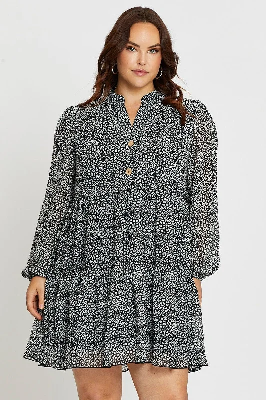 Fashion Forward Femininity Animal Print Skater Dress V-neck Long Sleeve Modern Glamour