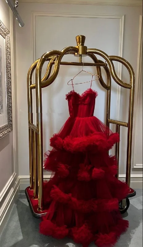 Fashion Sale Red Ruffled Tiered Tulle Maxi Ball Gown Sweetheart Spaghetti Straps Ruffled A-Line Arabian Evening Gown Y4686 Graceful Drape
