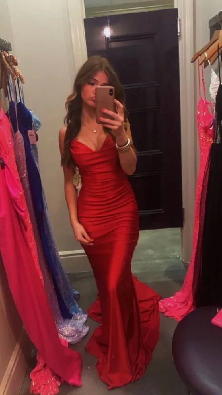 Special Offer Red V Neck Mermaid Satin Long Prom Dress Evening Gown, MD7927 Hollywood Glam Award - Show Style