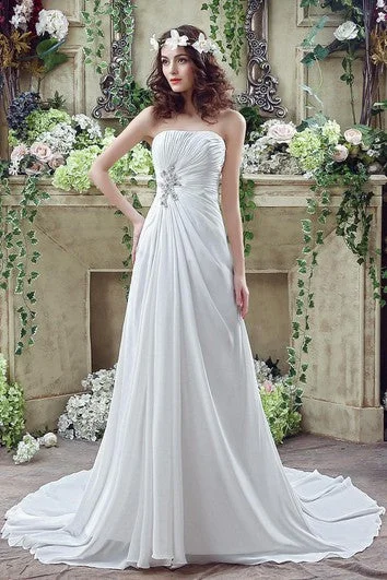 Modern Fashion Sale Newest Strapless White Beadings Wedding Dress A-line Sweep Train Ethnic Cultural Event Wear