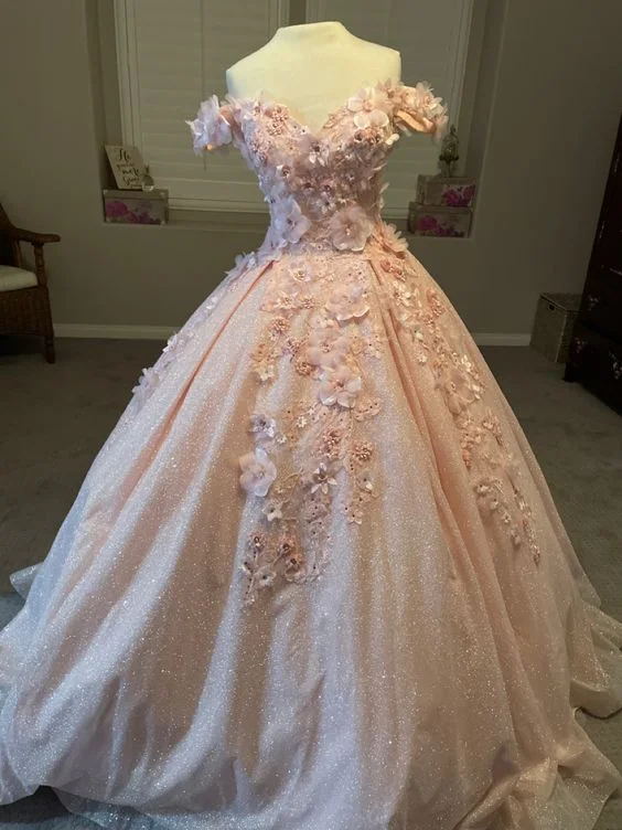 Flash Sale Now Glitter Pink Off The Shoulder Prom Dress Tulle Appliques Ball Gown Quinceanera Dress Y7569 Boho - Chic Festival - Ready Style