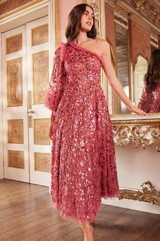 Retro Style Promotions Falling Leaves One-Shoulder Ankle Gown Playful Elegance