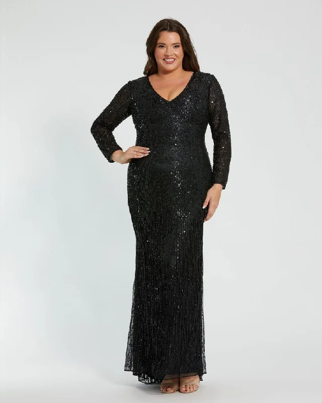 Fashionista Favorites Mac Duggal 5947 Long Sleeve Beaded Fringe Plus Size Formal Dress Graceful Drape