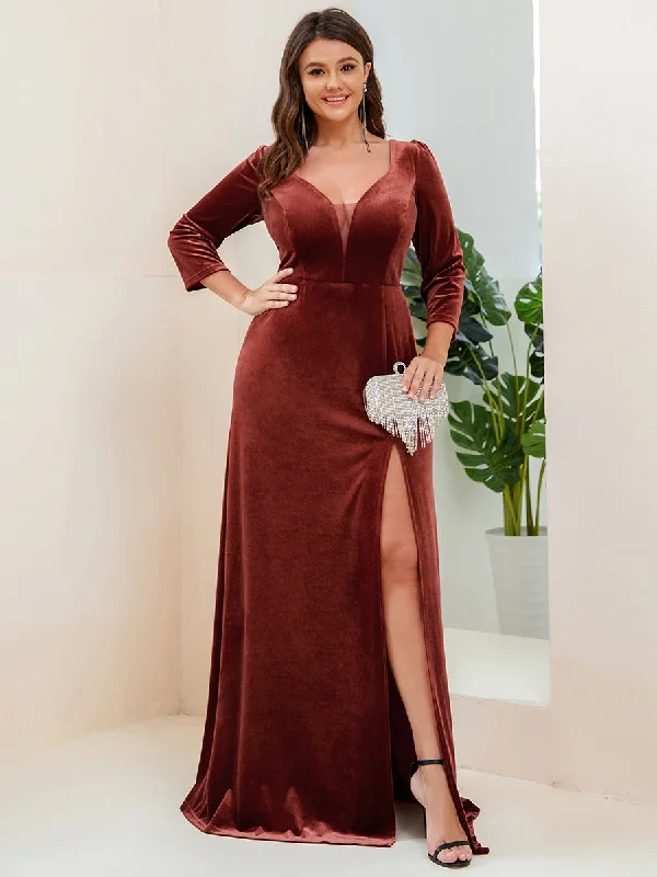 Popular Collection Plus Shiny Long Sleeves Deep V Neck A Line Wholesale Evening Dresses Bold Patterns