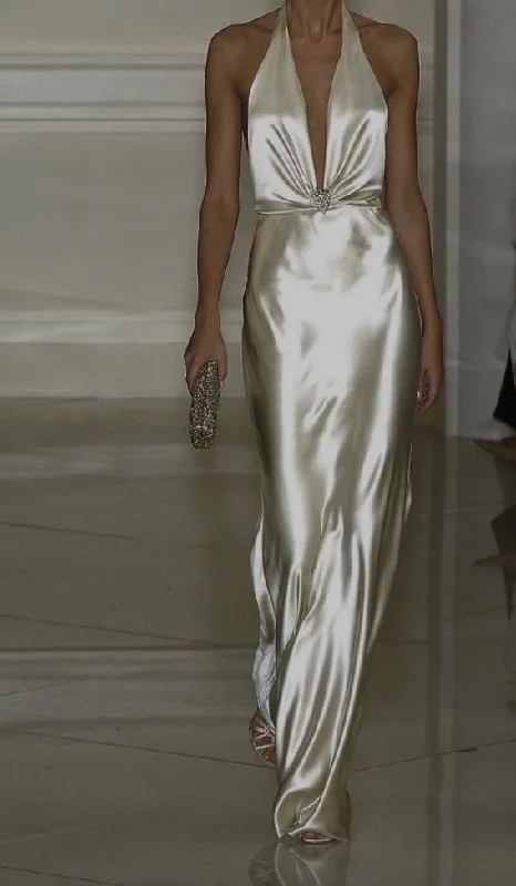 Massive Savings Charming Ivory Halter Neck Sheath Satin Long Formal Evening Gown, D296 Now On Sale For Chic Urban Styles