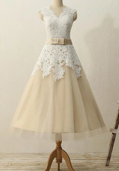 Seasonal Fashion Tea-Length V-neck Zipper Tulle Lace Dress Bold Patterns