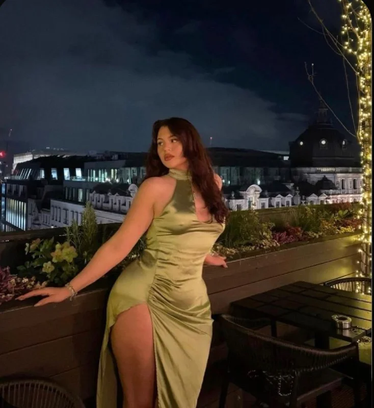 Fashion Frontiers Green Halter Sheath Satin Long Evening Dress with Split, D70 Subtle Sophistication