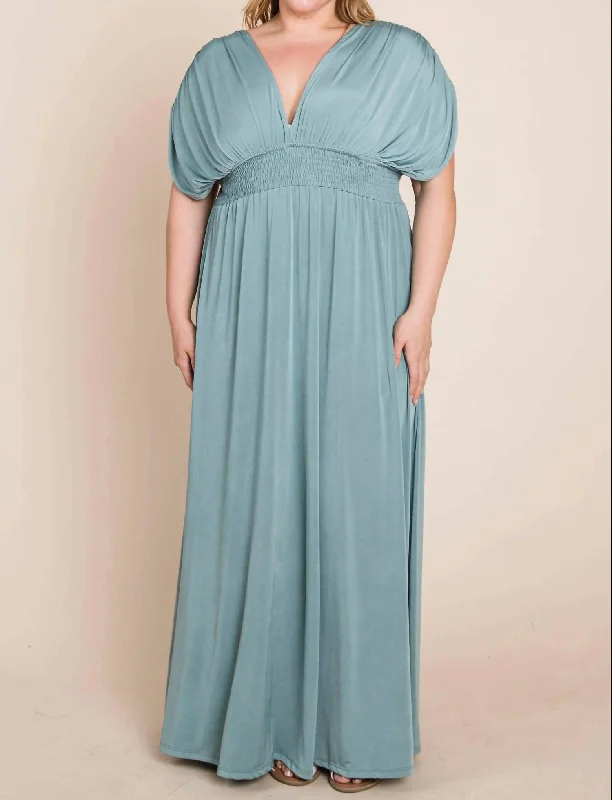 Chic Style Discounts Plus Size Solid Maxi Dress With Ruched Sleeves In Teal Casual Weekend Relaxed Style