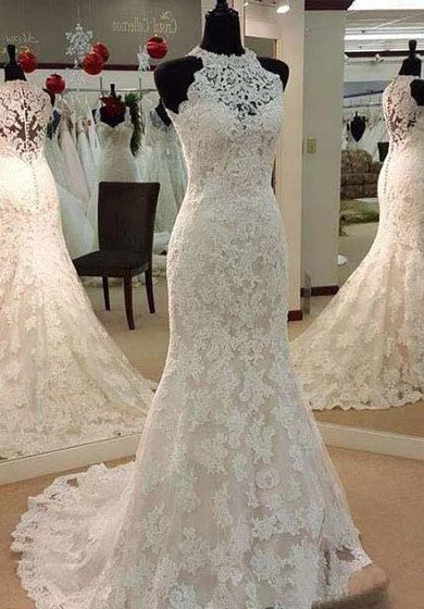 Trendy Street Style Vintage Illusion High Neck Sleeveless Full Lace Mermaid Wedding Dress Nordic Minimalist Home Look
