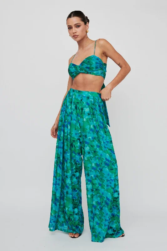 Trendy Looks On Sale Tammi Wide Leg Satin Pants Floral Green Refined Simplicity