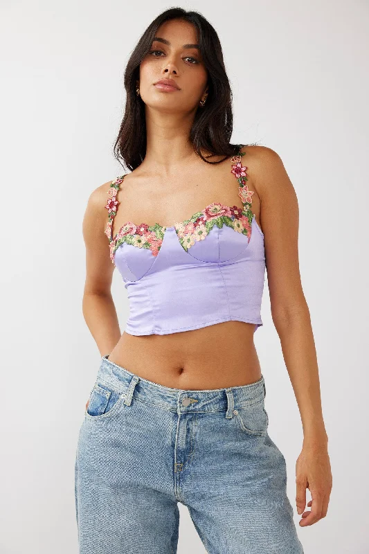 Easy Elegance Sales Rose Garden Floral Applique Crop Top Lilac Limited - Stock