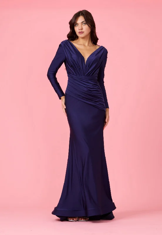 Avant-Garde Style Promotions Long Sleeve Formal Fitted Evening Dress Navy Flowy Fabric