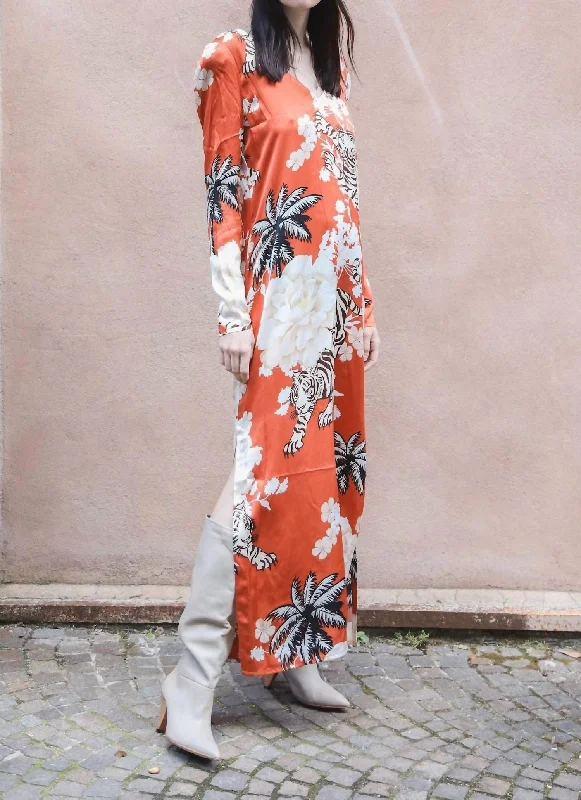 Style Revolution Tiger Romantic Silk Maxi Dress In Brick Chic Urban Fashion Look