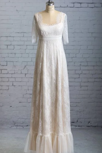 The Latest Trends Lace Long Square-Neck Half-Illusion-Sleeved Dress With Bow Graceful Movement