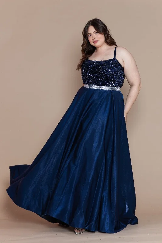 Fresh Fashion Discounts Plus Size Long Satin Dress with Sequin Bodice by Poly USA W1018 Now On Sale For Chic Urban Styles