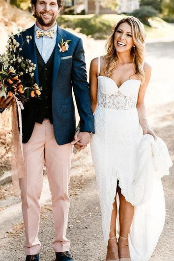 Trendy Looks On Sale Lace Floor-length Spaghetti Sheath Sleeveless Ethereal Wedding Dress with Split Front Feminine Flow