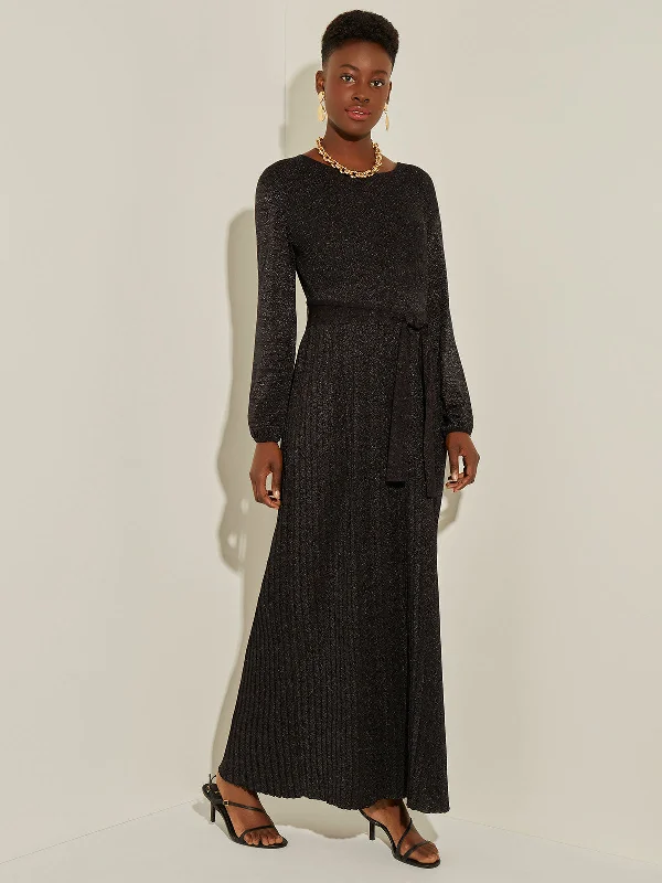Trendy Pulse Bishop Sleeve Belted Shimmer Knit Maxi Dress Alluring Design