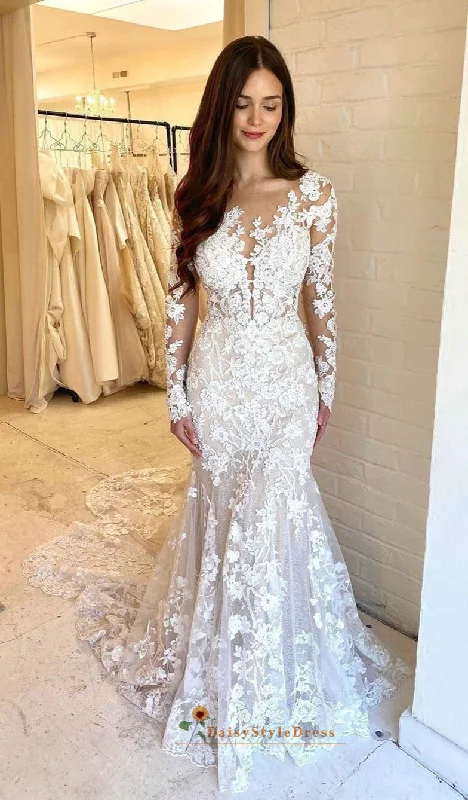 The Good Stuff Mermaid Long Sleeve Sheer Lace Wedding Dress Boho - Chic Festival - Ready Style