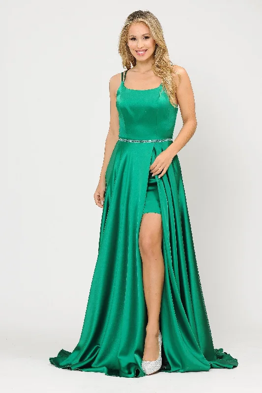 Trend Forward Threads Long A-line Satin Dress with Corset Back by Poly USA 8652 Graceful Movement