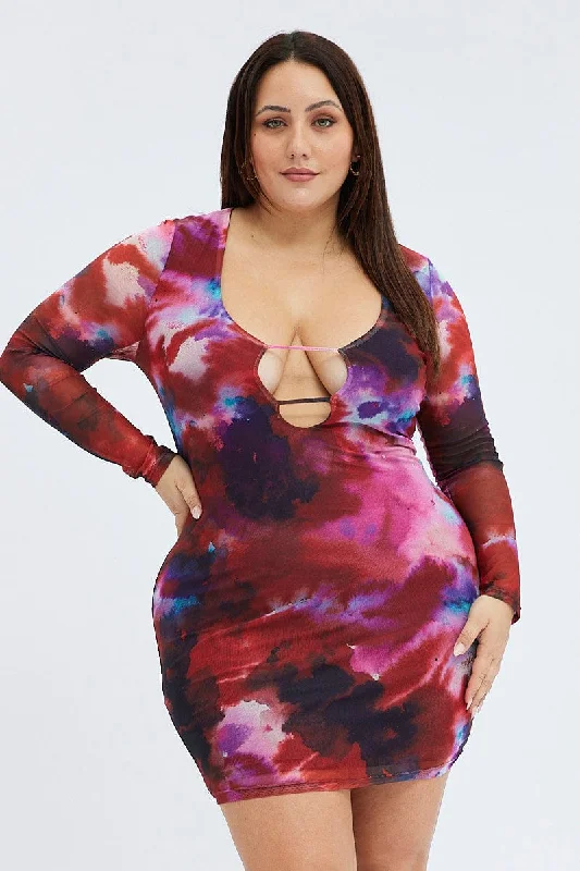 Trendy Women'S Wear Collection Multi Abstract Mesh Cutout Dress Long Sleeve Mini Length Luxury Style
