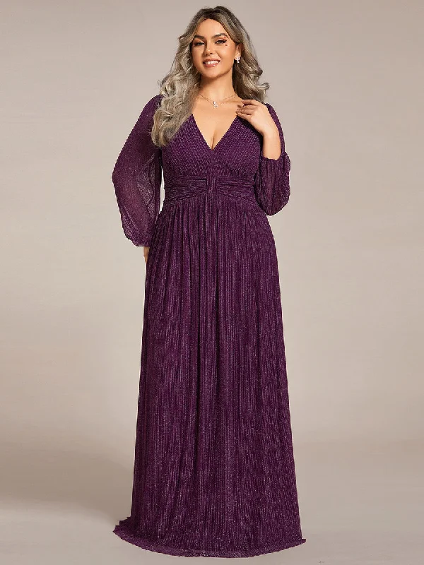 New In This Season Plus Size Maxi Long Chiffon Waist  V Neck Wholesale Evening Dress with Long Sleeves Vintage Elegance