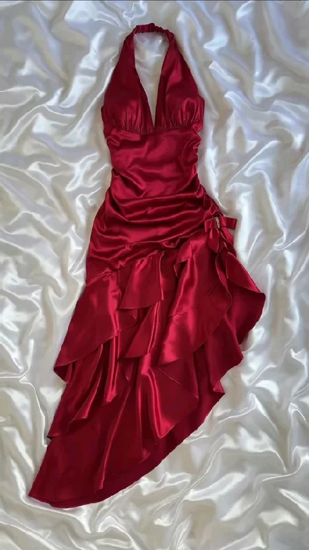 Unbeatable Prices Vintage Wine Red Halter Satin Long Evening Party Dress Birthday Outfits, D406 Casual Weekend Relaxed Style