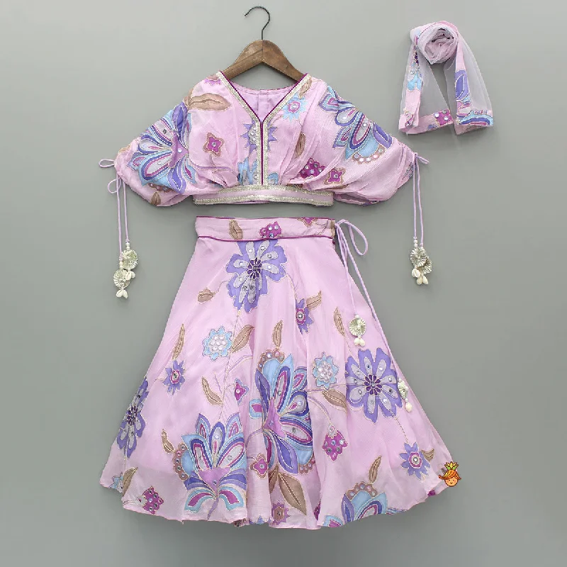 Stylish Savings Lavender Floral Printed Embroidered Top With Flared Lehenga And Dupatta Feminine Grace