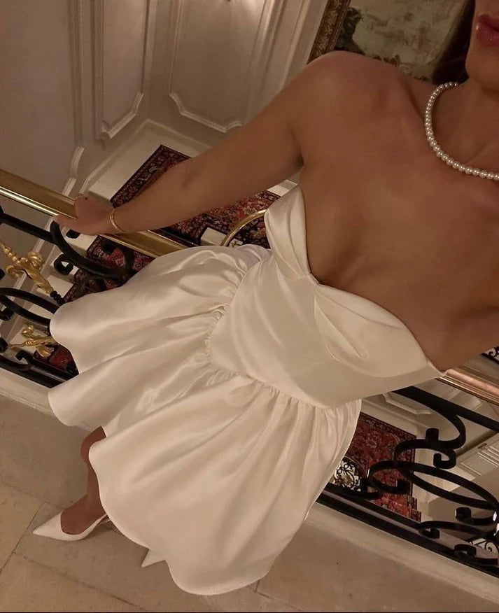 Inspired By You, Designed For You White Sweetheart A-Line Satin Short Birthday Dress Homecoming Dress, MD7911 Playful Elegance