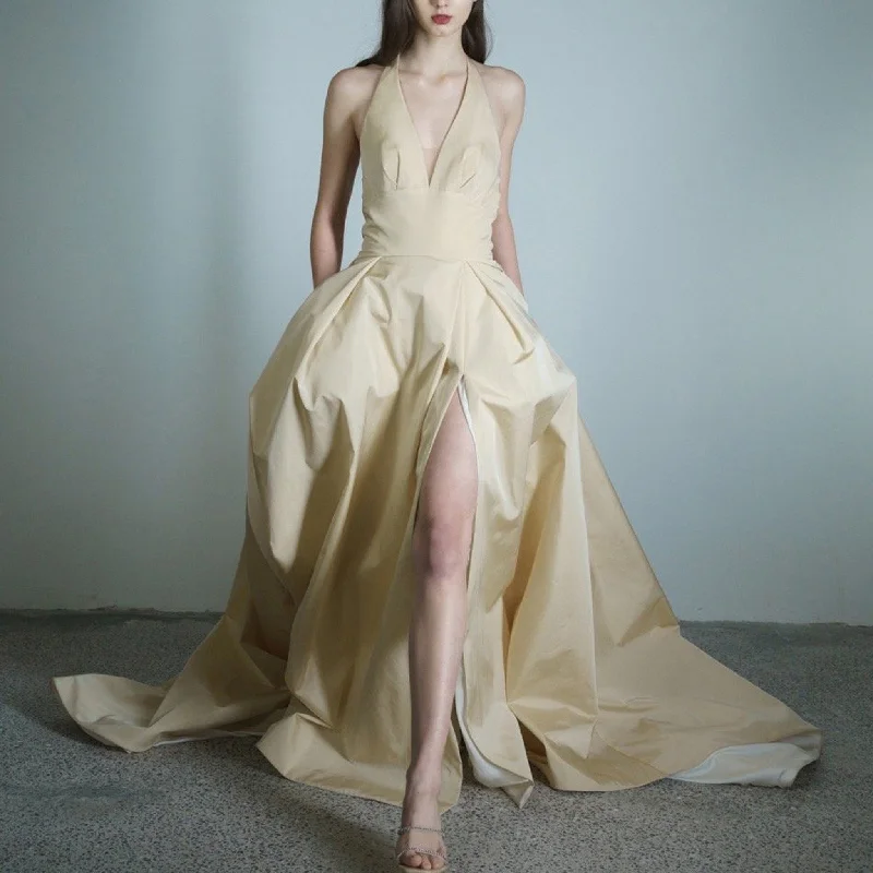 Chic Style Discounts Chic Halter Neck Champagne Informal Wedding Dress with Leg Slit Elegant Contour