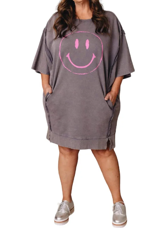 Catch Every Fashion Trend Smiley Face Knit Terry Mini Dress In Washed Charcoal